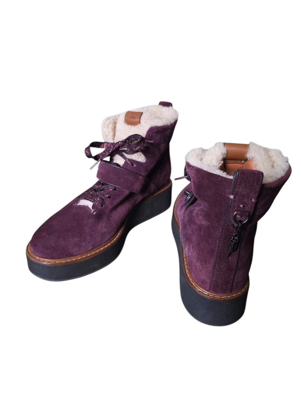 Coach Plum Suede Women's Winter Ankle Boots with Shearling Trim Size 9B